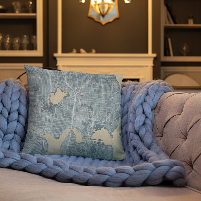 Custom University District Seattle Map Throw Pillow in Afternoon on Cream Colored Couch