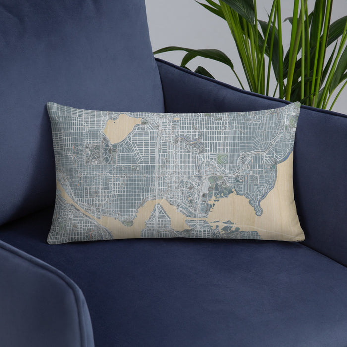 Custom University District Seattle Map Throw Pillow in Afternoon on Blue Colored Chair