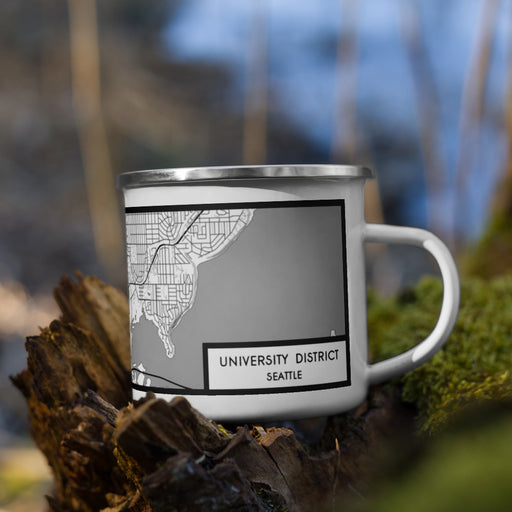 Right View Custom University District Seattle Map Enamel Mug in Classic on Grass With Trees in Background