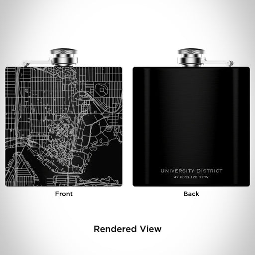 Rendered View of University District Seattle Map Engraving on 6oz Stainless Steel Flask in Black