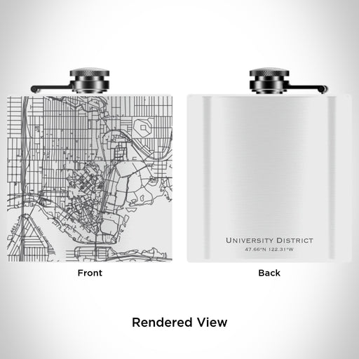 Rendered View of University District Seattle Map Engraving on 6oz Stainless Steel Flask in White