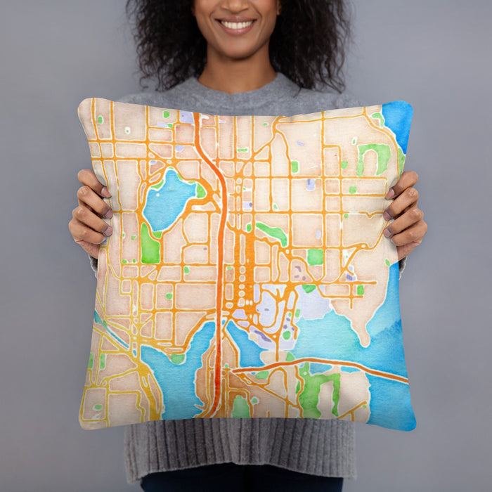 Person holding 18x18 Custom University District Seattle Map Throw Pillow in Watercolor