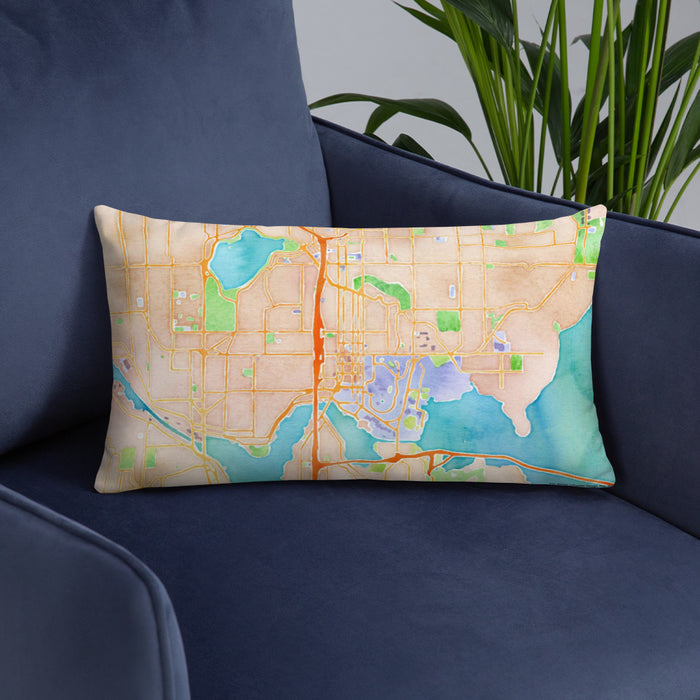 Custom University District Seattle Map Throw Pillow in Watercolor on Blue Colored Chair