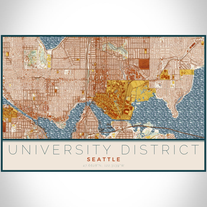 University District Seattle Map Print Landscape Orientation in Woodblock Style With Shaded Background