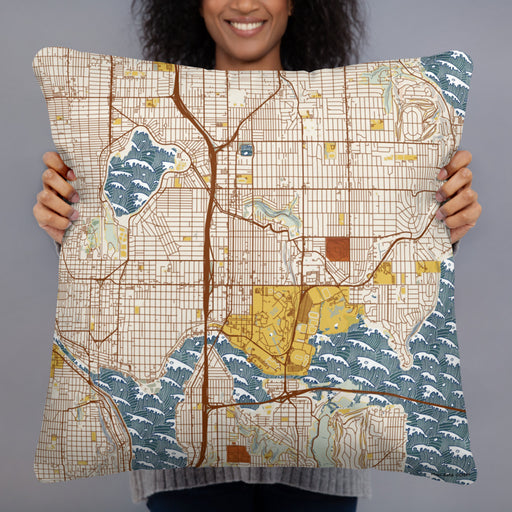 Person holding 22x22 Custom University District Seattle Map Throw Pillow in Woodblock