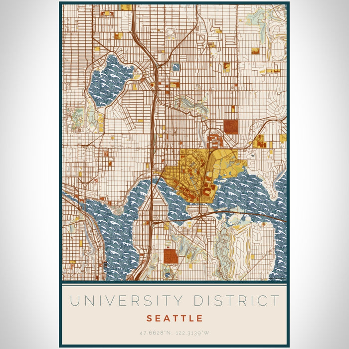 University District Seattle Map Print Portrait Orientation in Woodblock Style With Shaded Background
