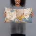 Person holding 20x12 Custom University District Seattle Map Throw Pillow in Woodblock