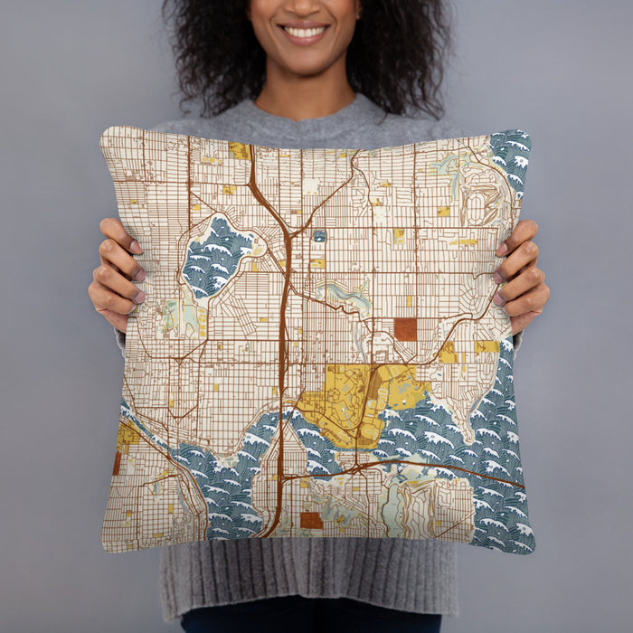 Person holding 18x18 Custom University District Seattle Map Throw Pillow in Woodblock