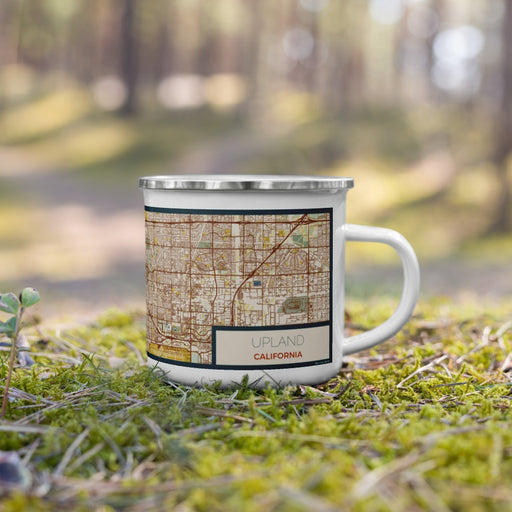Right View Custom Upland California Map Enamel Mug in Woodblock on Grass With Trees in Background