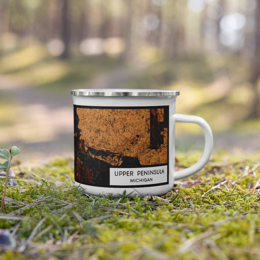 Right View Custom Upper Peninsula Michigan Map Enamel Mug in Ember on Grass With Trees in Background