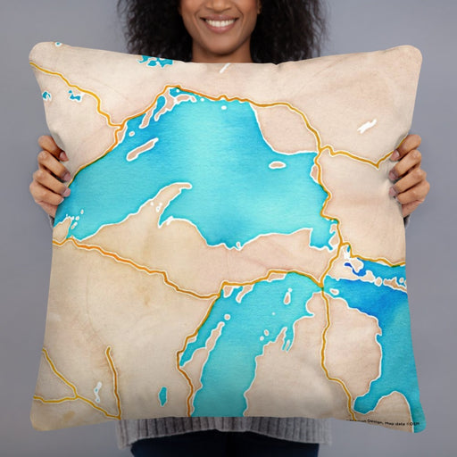 Person holding 22x22 Custom Upper Peninsula Michigan Map Throw Pillow in Watercolor