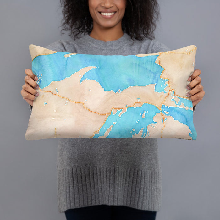 Person holding 20x12 Custom Upper Peninsula Michigan Map Throw Pillow in Watercolor