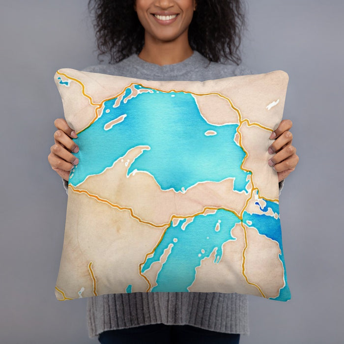 Person holding 18x18 Custom Upper Peninsula Michigan Map Throw Pillow in Watercolor