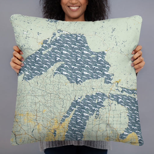Person holding 22x22 Custom Upper Peninsula Michigan Map Throw Pillow in Woodblock