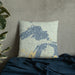 Custom Upper Peninsula Michigan Map Throw Pillow in Woodblock on Bedding Against Wall