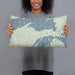 Person holding 20x12 Custom Upper Peninsula Michigan Map Throw Pillow in Woodblock