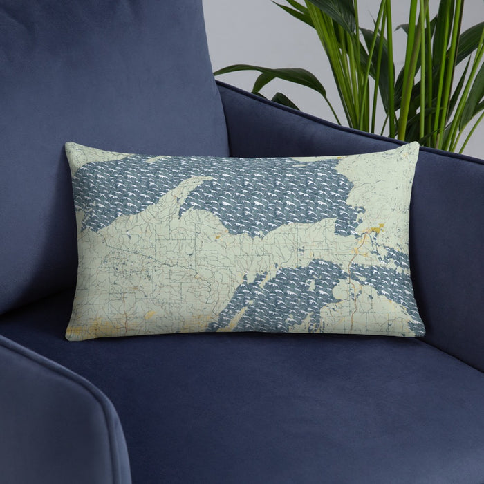 Custom Upper Peninsula Michigan Map Throw Pillow in Woodblock on Blue Colored Chair