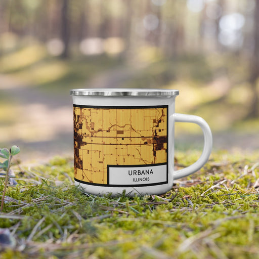 Right View Custom Urbana Illinois Map Enamel Mug in Ember on Grass With Trees in Background