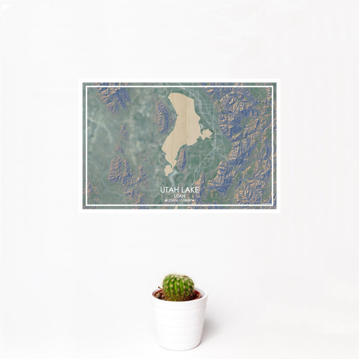12x18 Utah Lake Utah Map Print Landscape Orientation in Afternoon Style With Small Cactus Plant in White Planter