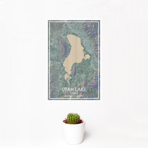 12x18 Utah Lake Utah Map Print Portrait Orientation in Afternoon Style With Small Cactus Plant in White Planter