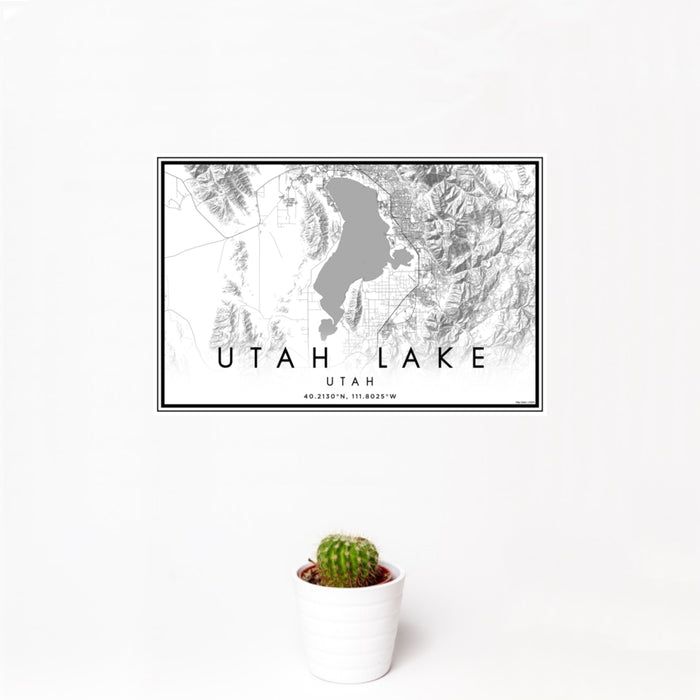 12x18 Utah Lake Utah Map Print Landscape Orientation in Classic Style With Small Cactus Plant in White Planter