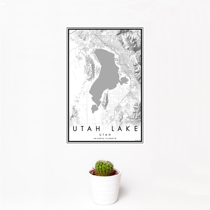 12x18 Utah Lake Utah Map Print Portrait Orientation in Classic Style With Small Cactus Plant in White Planter