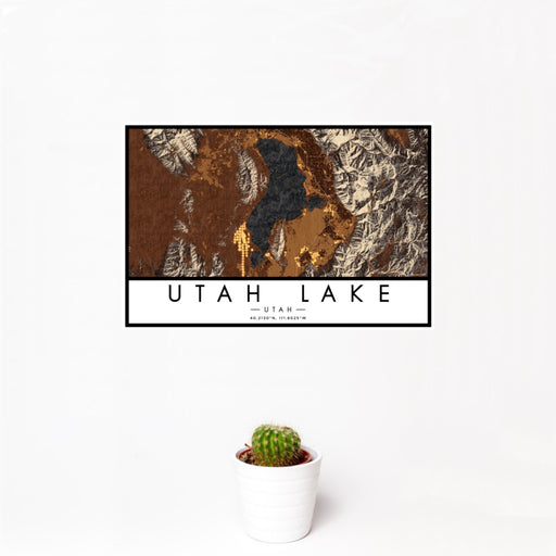 12x18 Utah Lake Utah Map Print Landscape Orientation in Ember Style With Small Cactus Plant in White Planter