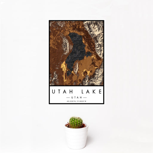 12x18 Utah Lake Utah Map Print Portrait Orientation in Ember Style With Small Cactus Plant in White Planter