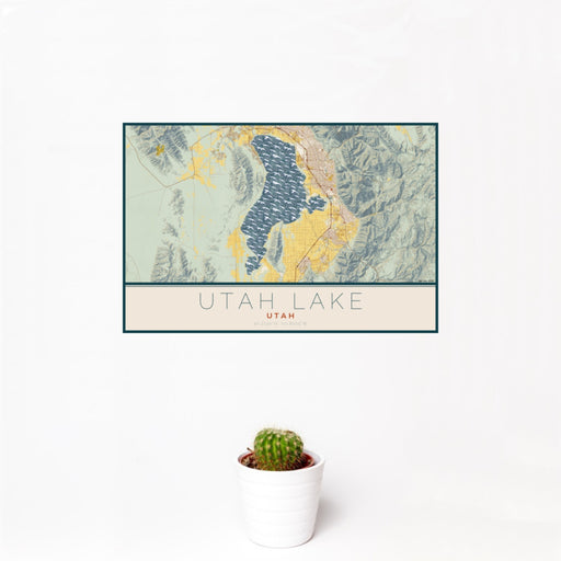 12x18 Utah Lake Utah Map Print Landscape Orientation in Woodblock Style With Small Cactus Plant in White Planter