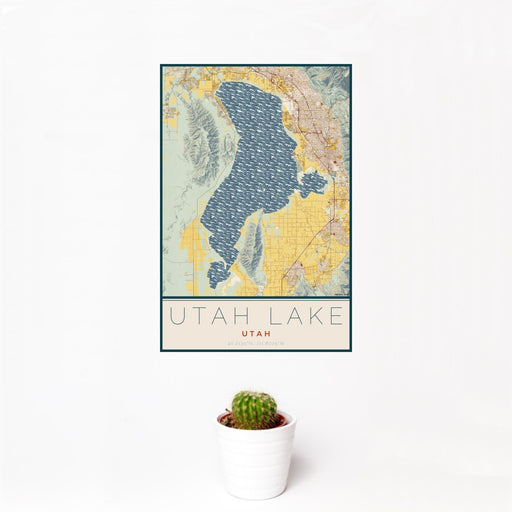 12x18 Utah Lake Utah Map Print Portrait Orientation in Woodblock Style With Small Cactus Plant in White Planter