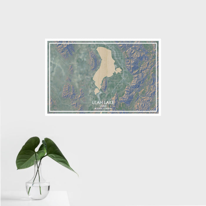 16x24 Utah Lake Utah Map Print Landscape Orientation in Afternoon Style With Tropical Plant Leaves in Water