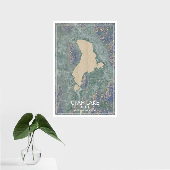 16x24 Utah Lake Utah Map Print Portrait Orientation in Afternoon Style With Tropical Plant Leaves in Water