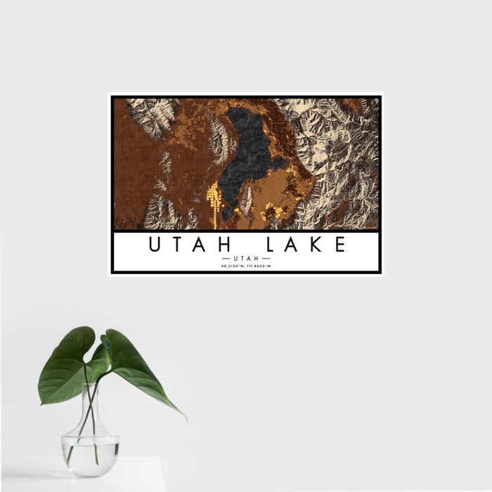 16x24 Utah Lake Utah Map Print Landscape Orientation in Ember Style With Tropical Plant Leaves in Water