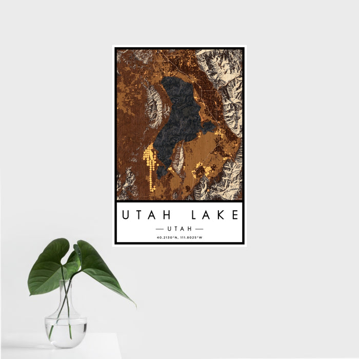 16x24 Utah Lake Utah Map Print Portrait Orientation in Ember Style With Tropical Plant Leaves in Water