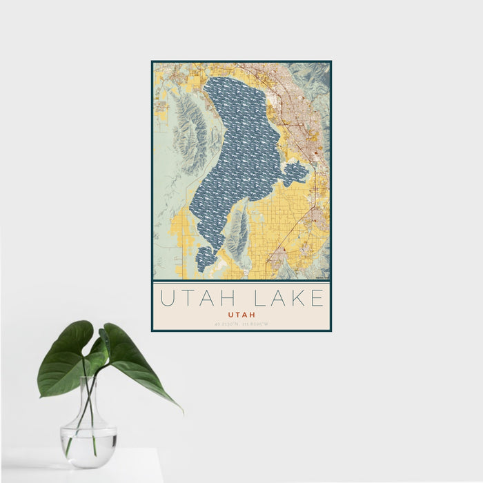 16x24 Utah Lake Utah Map Print Portrait Orientation in Woodblock Style With Tropical Plant Leaves in Water