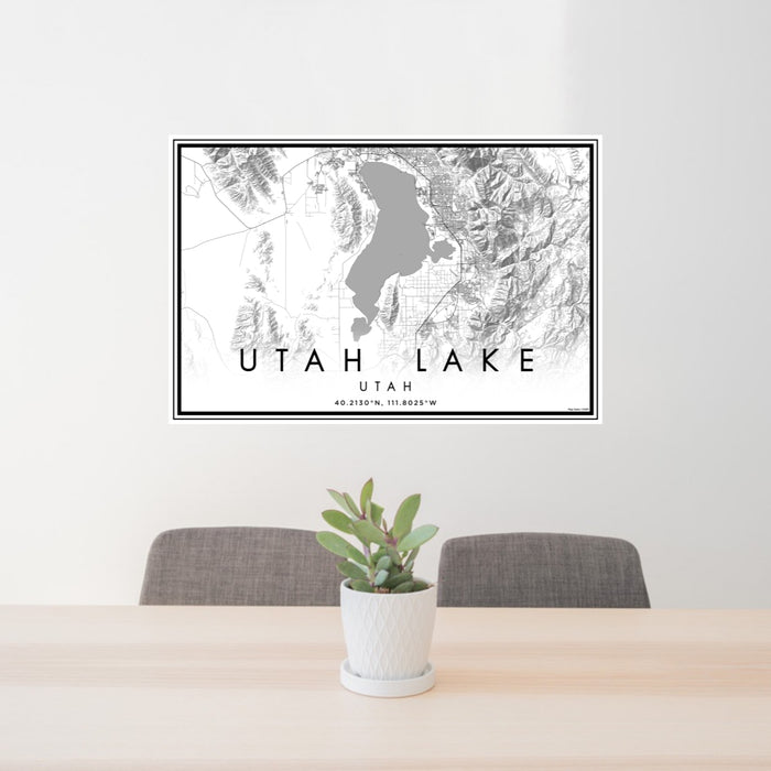 24x36 Utah Lake Utah Map Print Lanscape Orientation in Classic Style Behind 2 Chairs Table and Potted Plant