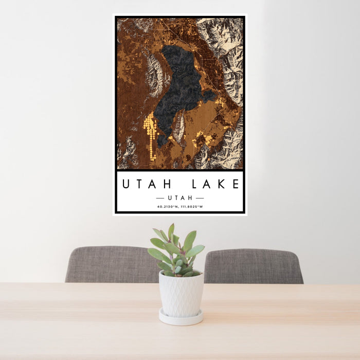 24x36 Utah Lake Utah Map Print Portrait Orientation in Ember Style Behind 2 Chairs Table and Potted Plant