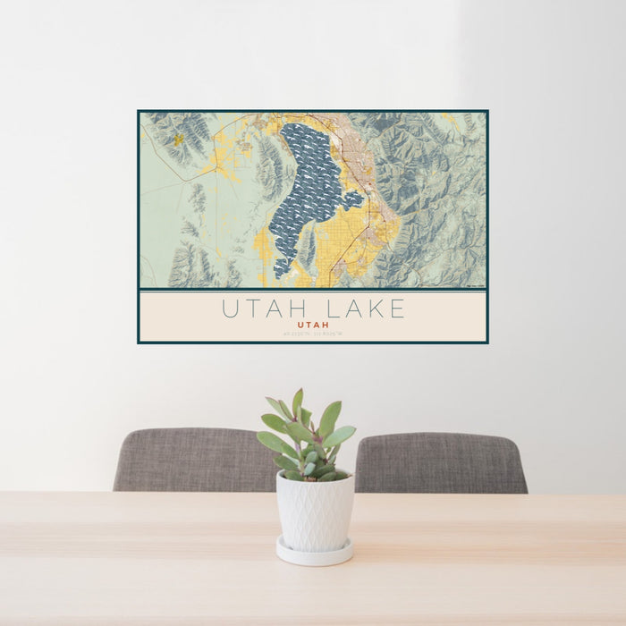 24x36 Utah Lake Utah Map Print Lanscape Orientation in Woodblock Style Behind 2 Chairs Table and Potted Plant