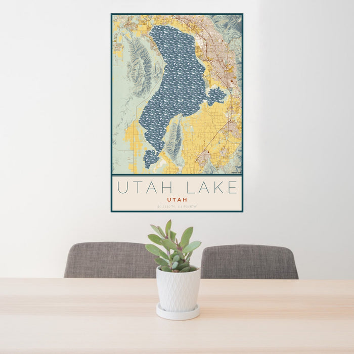 24x36 Utah Lake Utah Map Print Portrait Orientation in Woodblock Style Behind 2 Chairs Table and Potted Plant