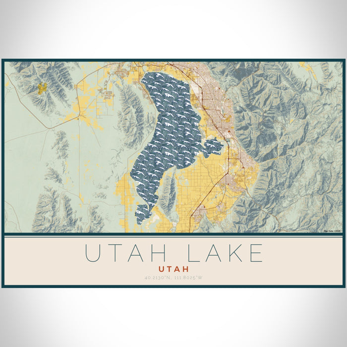 Utah Lake Utah Map Print Landscape Orientation in Woodblock Style With Shaded Background