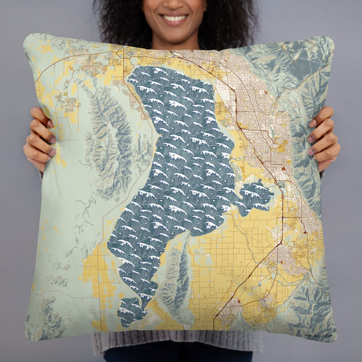 Person holding 22x22 Custom Utah Lake Utah Map Throw Pillow in Woodblock