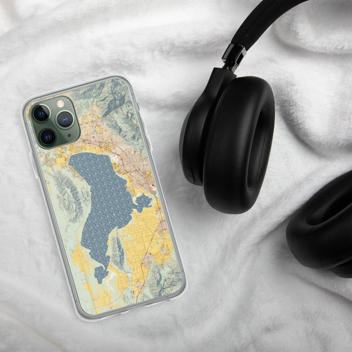 Custom Utah Lake Utah Map Phone Case in Woodblock on Table with Black Headphones