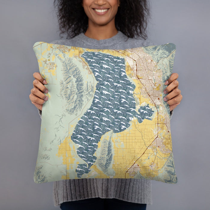 Person holding 18x18 Custom Utah Lake Utah Map Throw Pillow in Woodblock