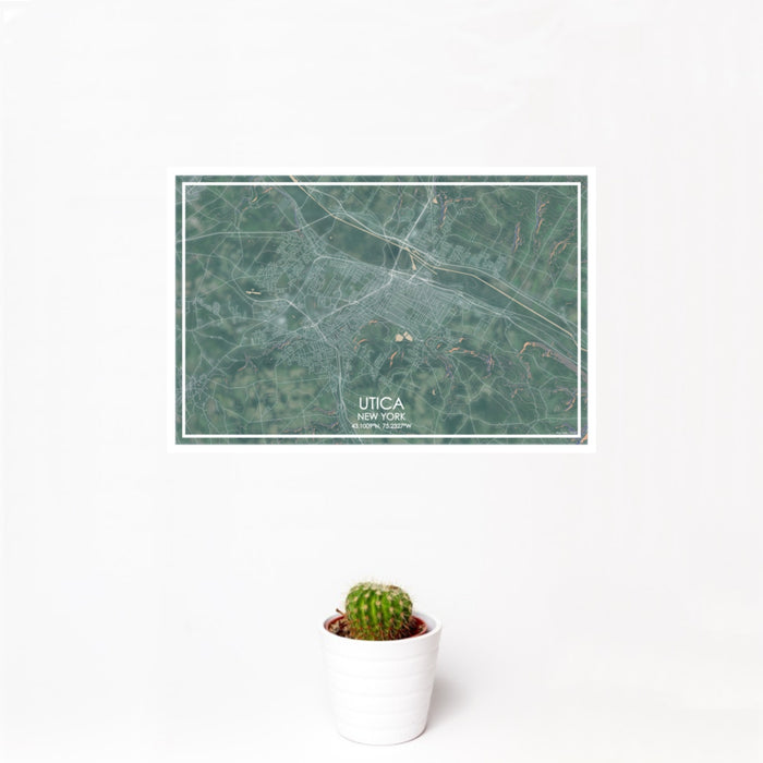 12x18 Utica New York Map Print Landscape Orientation in Afternoon Style With Small Cactus Plant in White Planter