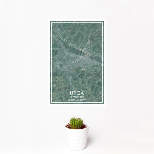12x18 Utica New York Map Print Portrait Orientation in Afternoon Style With Small Cactus Plant in White Planter