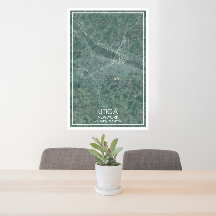 24x36 Utica New York Map Print Portrait Orientation in Afternoon Style Behind 2 Chairs Table and Potted Plant