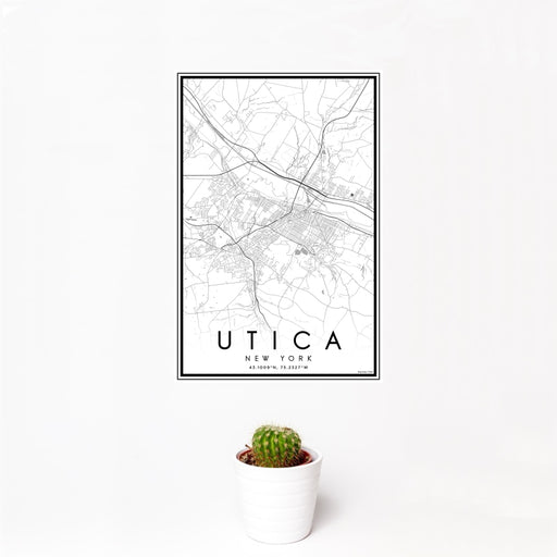 12x18 Utica New York Map Print Portrait Orientation in Classic Style With Small Cactus Plant in White Planter