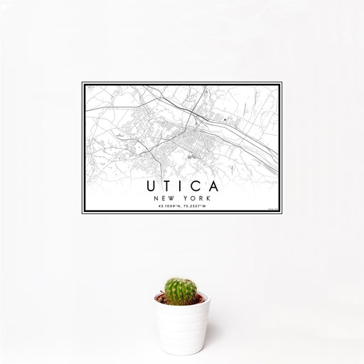 12x18 Utica New York Map Print Landscape Orientation in Classic Style With Small Cactus Plant in White Planter