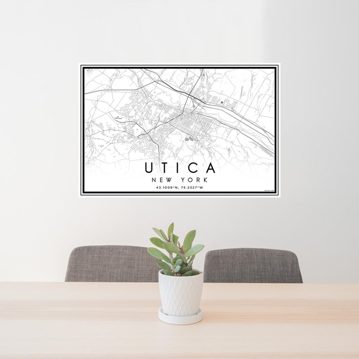 24x36 Utica New York Map Print Landscape Orientation in Classic Style Behind 2 Chairs Table and Potted Plant