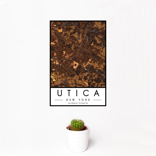 12x18 Utica New York Map Print Portrait Orientation in Ember Style With Small Cactus Plant in White Planter